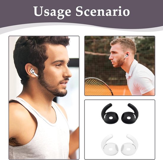 2 paar oorhaken voor AirPods 4, anti-slip siliconen oorhoezen voor AirPods 4e generatie (2024), sport oorhaken voor hardlopen, fietsen, joggen en wandelen, comfortabele veilige pasvorm, zwart-wit — afbeelding 4