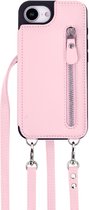Casemania Hoesje Geschikt voor Apple iPhone 17e - Roze - Luxe Back Cover met Koord / Rits - Wallet Case met Pasjeshouder - Lanyard Telefoonhoes - Cord Case