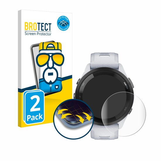 Verpakking van 'BROTECT' Screen Protector en een smartwatch met schermbeschermer. Detailzoom toont de randbescherming.
