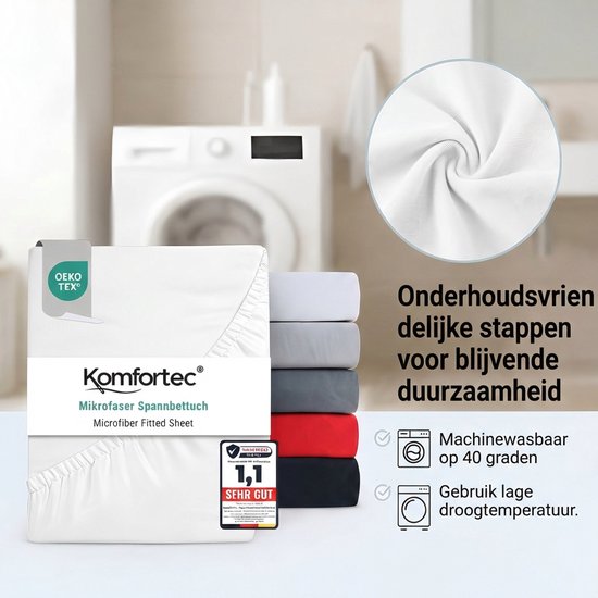 Wit hoeslaken en stapel van hoeslakens in wit, grijs, donkergrijs, rood en zwart.