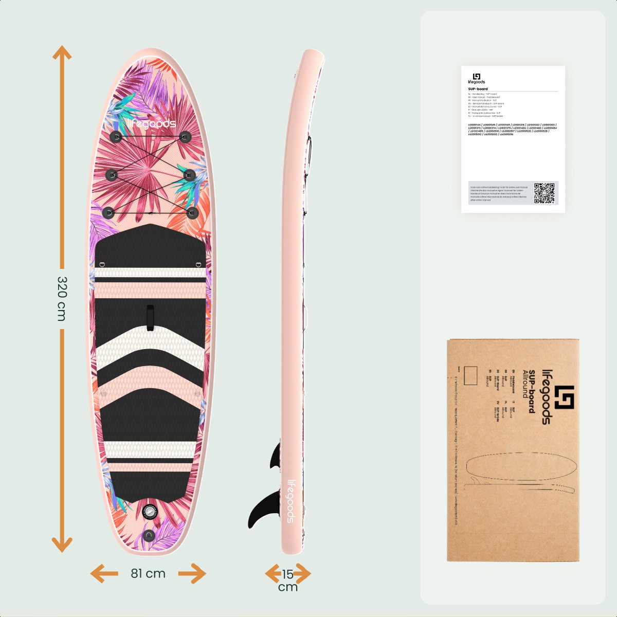LifeGoods PaddlePro SUP Board - Opblaasbaar Paddle Board - Complete Set - Max. 150KG - 320x81cm - Tropical Roze – foto 7