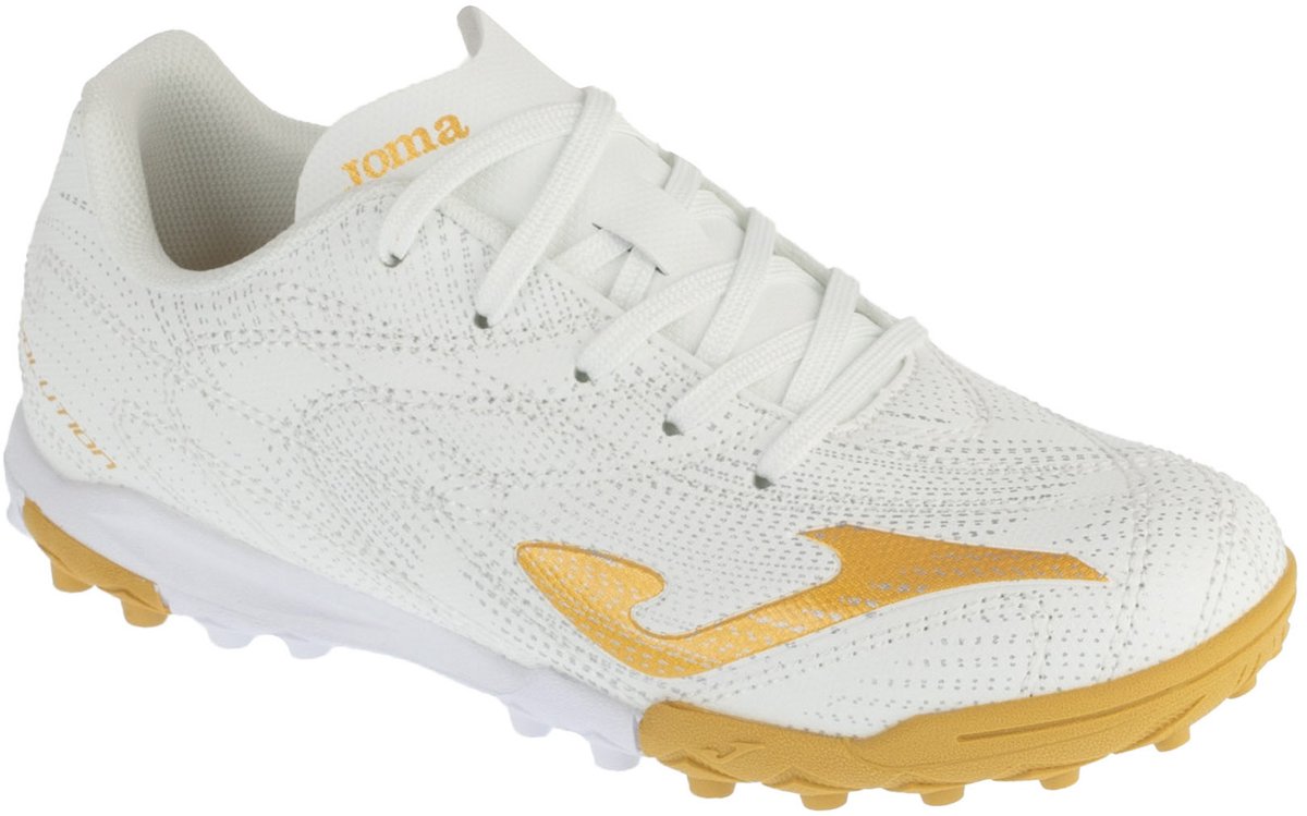 Witte Joma Evolution Jr 26 EVJS TF voetbalschoen voor jongens, maat 37, met synthetisch leder en gouden details.