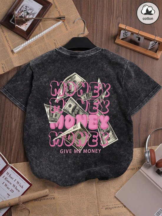 Trendy Vintage Donkergrijs acid wash Washed Katoenen T-shirt met Opvallende Money Print en Korte Mouwen voor Stijlvolle Casual Looks - S-M