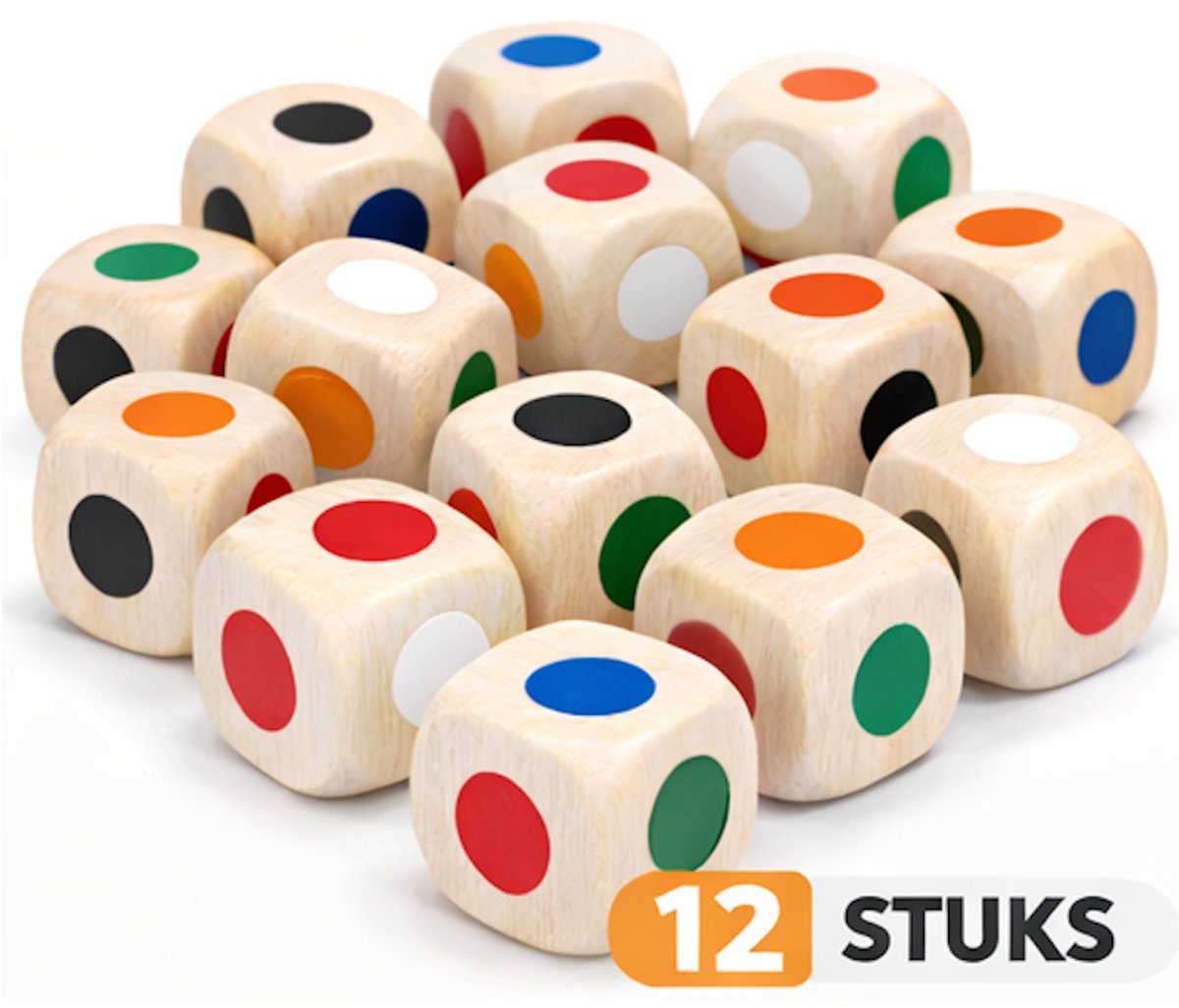 Decopatent - 12 Stuks Dobbelstenen met Gekleurde Stippen - Houten Dobbelstenen Set - Afm: 1.8 x 1.8 x 1.8 cm - Dice - Educatieve Dobbelstenen voor Spelletjes & Onderwijs