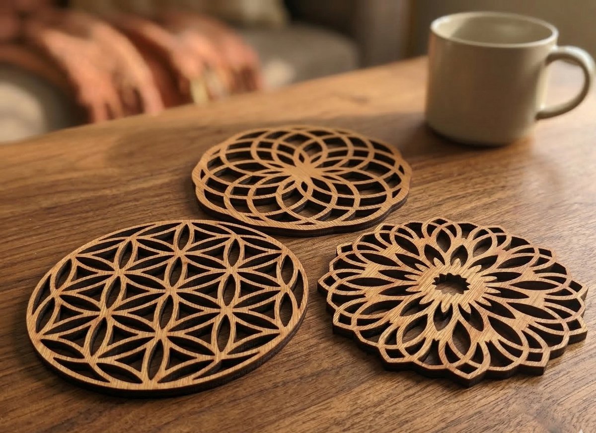 Vilewoods Houten Geometrische Onderzetters - Set van 6 - Mandala & Flower of Life - 9,5 cm