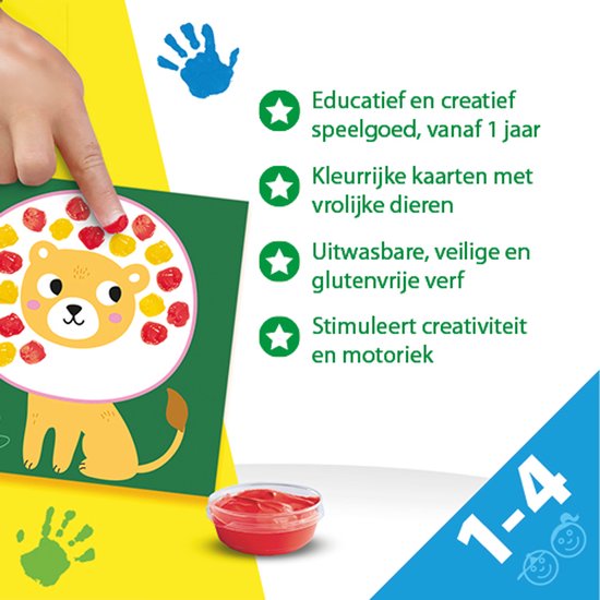 SES Creative - My First – Kunstwerk Stippen met Vingerverf - 3 kleuren vingerverf - 10 kleurplaten met dieren – Glutenvrije verf - makkelijk uitwasbaar – vanaf 1 jaar