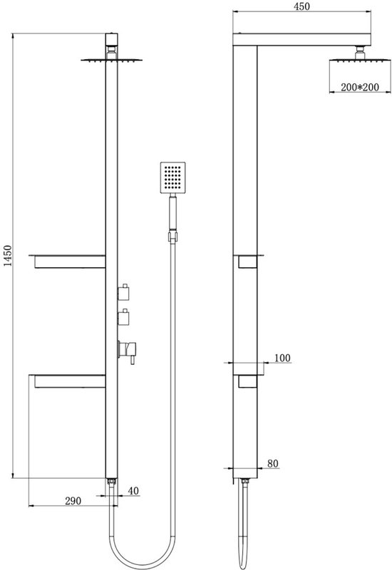 Technische tekening van een zwart douchepaneel met afmetingen: hoogte 1450 mm, breedte 30 mm. Hoofddouche 200x200 mm.