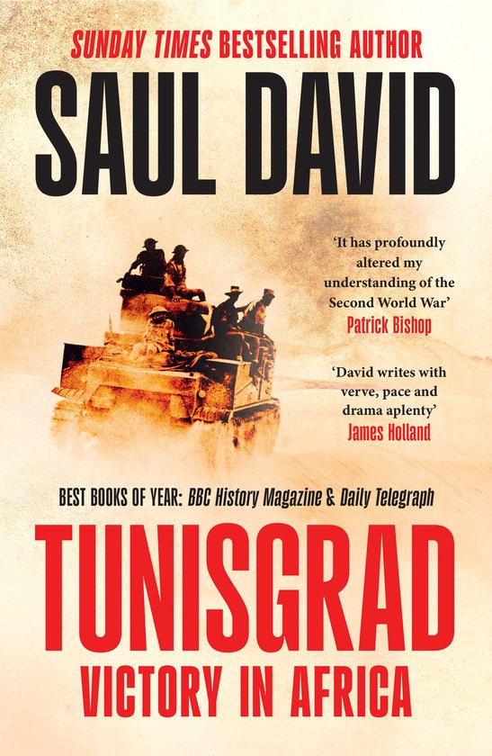 Boekomslag met de titel "Tunisgrad Victory in Africa" en een afbeelding van een tank in de woestijn. Tekst van Saul David.