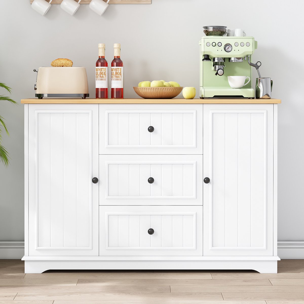 MODFU Sideboard - 3 Laden En Verstelbare Planken - Modern Scandinavisch - Voor Keuken En Eetkamer - MDF - Wit - 126 x 40 x 86 cm