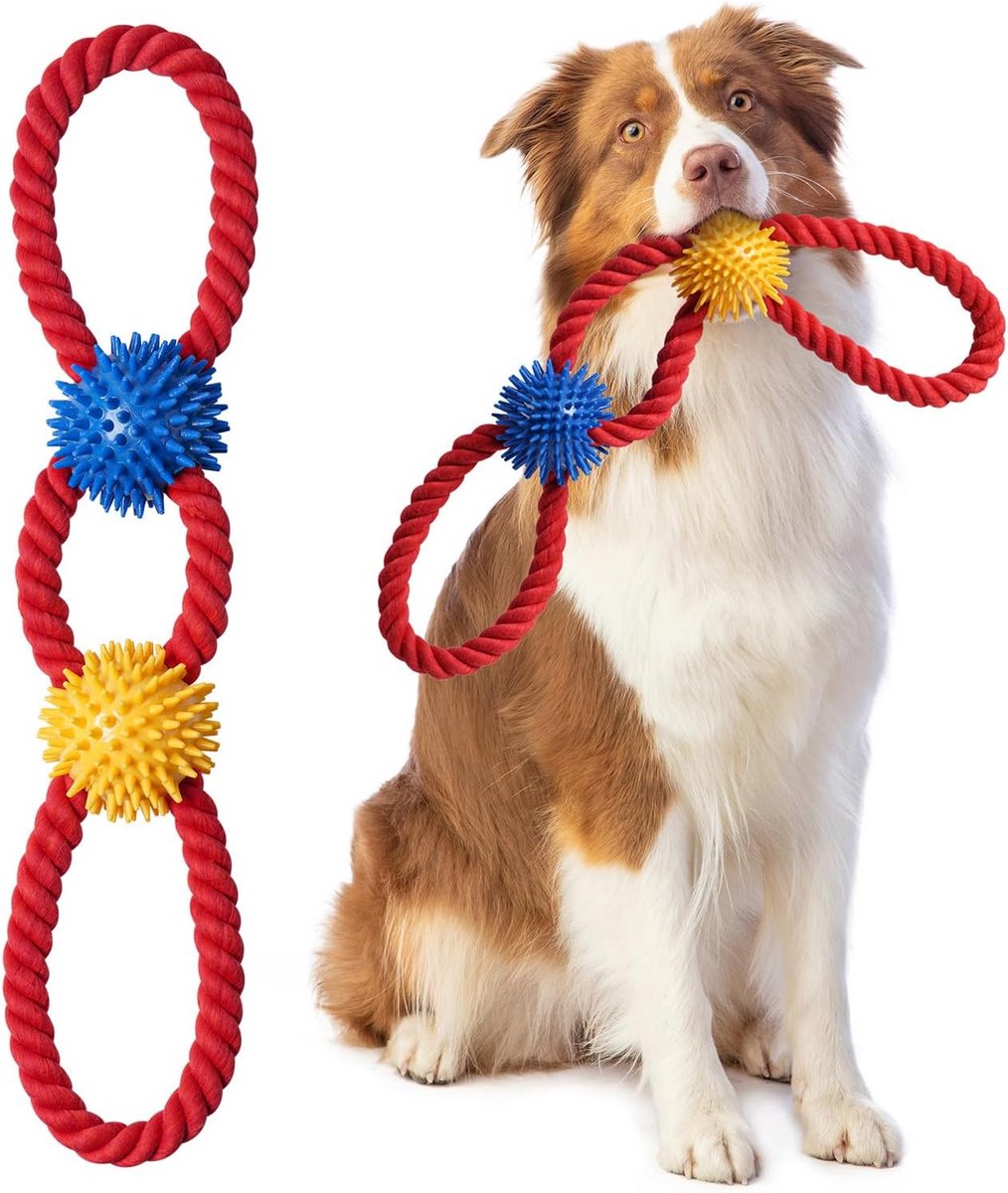 Honden Touw Speelgoed - Kauwspeelgoed Hond - Interactief Spelen - Extra Sterke Katoenvezel - 46 cm Lengte - Rood Geel Blauw