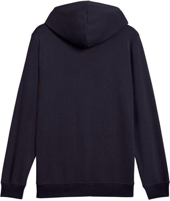 Donkerblauwe hoodie met capuchon, de achterkant is effen.