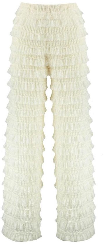 Crèmekleurige wijde broek met horizontale ruches over de gehele lengte.