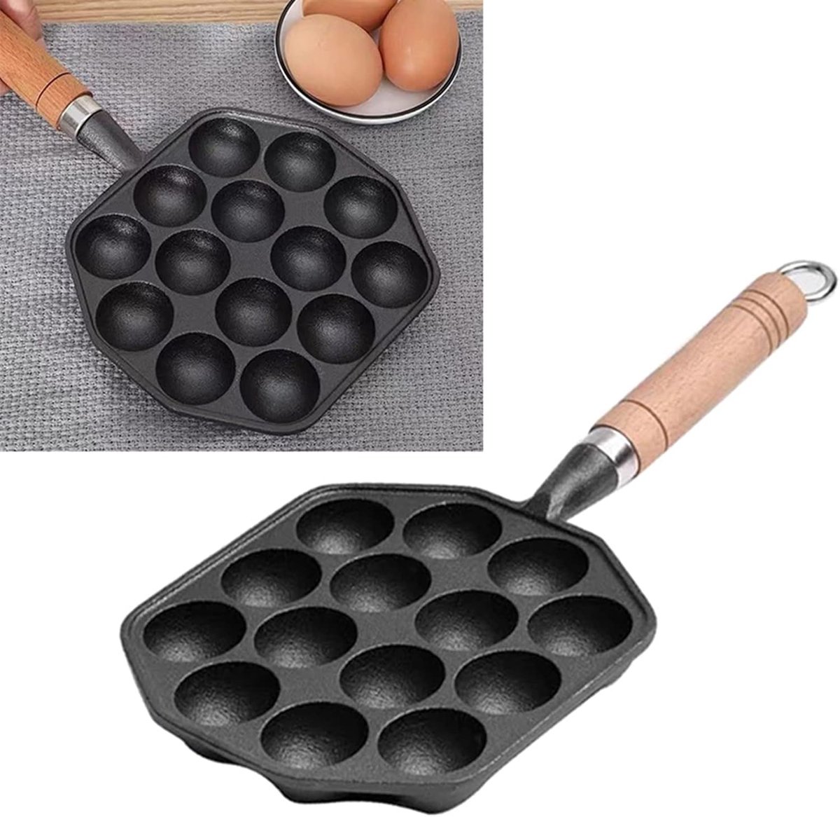 Takoyaki Grill Pan - Octopus Ball Maker - Thuis Snacks Maken - 14 Gaten Gietijzer - 22 x 21 cm