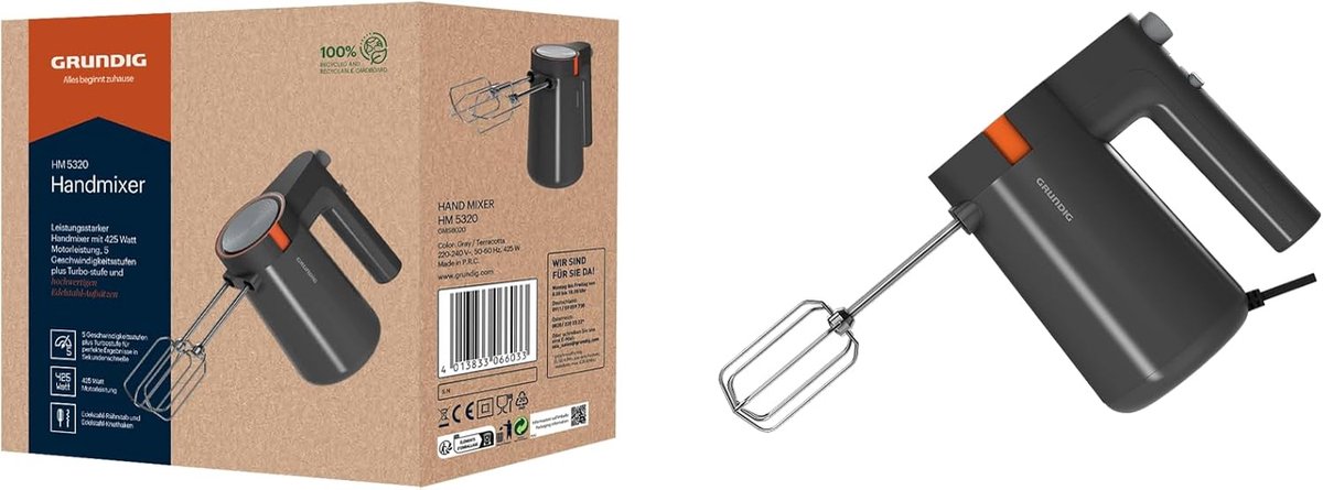 Handmixer - Keukenmixer klopper - Bakken en mixen - 5 snelheden turbo - 425 watt - Grijs terracotta