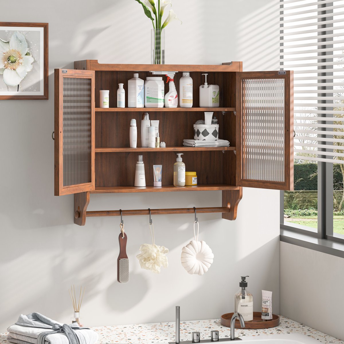 REDOM Vintage Wandkast met Handdoekrek - Badkamerkast met Ribbelglas - 3 Lagen - Massief H