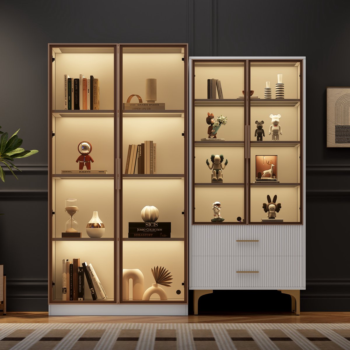 REDOM - Woonkamerset Met 2 Glasvitrines En Ledverlichting - Modern - Voor Woonkamer - Spaanplaat - Wit - 80x40x160 En 70x35x150 Cm