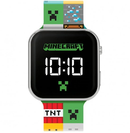 Minecraft kinderhorloge met digitaal display en band met afbeeldingen van Creeper, TNT en Minecraft logo.