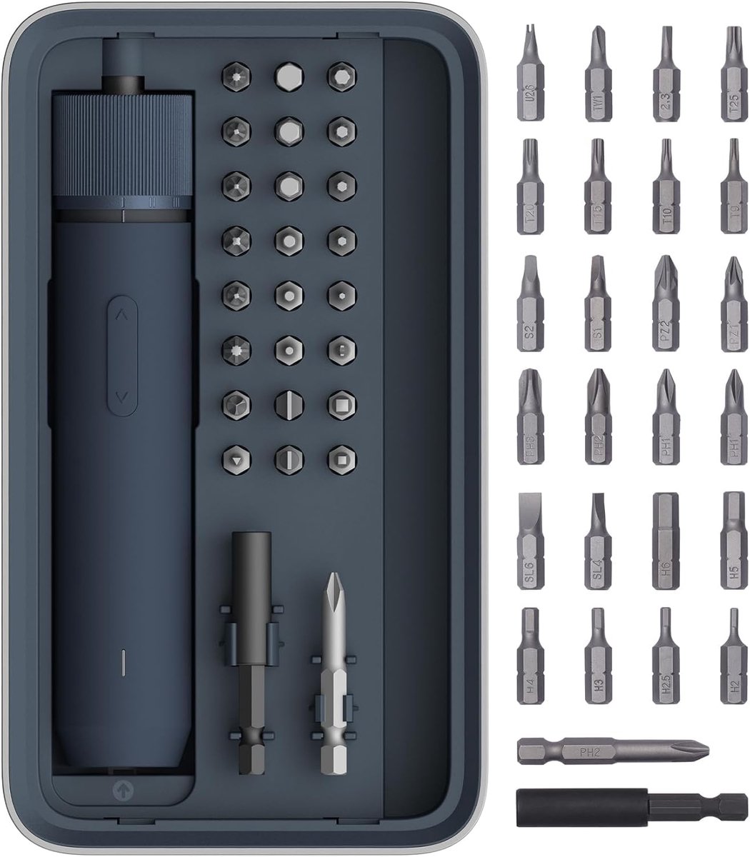 Elektrische schroevendraaierset, elektrische schroevendraaier met 3 instelbare koppels, ronde LED-lampje, schroevendraaier, 26 S2 stalen bits, 1500 mAh accu, USB-C-oplaadfunctie, opbergdoos-Belle's product
