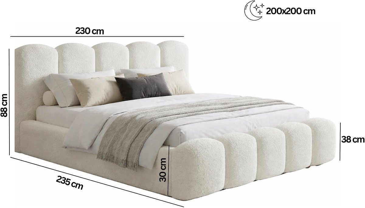 Gestoffeerd Tweepersoonsbed 200x200 cm – Luxe Bouclé Bed met Hoog Rond Hoofdbord, Opbergruimte en Houten Lattenbodem – Milly Elegance – Laura