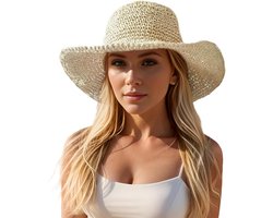 Opvouwbare Strohoed — Soepele Strohoeden voor Dames – Opvouwbare Zomerhoed met Brede Rand – Compact Inpakbare Zonnehoed – Reis-Fedora van Stro - Gebroken Wit