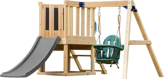 AXI Timo Mini Speeltoestel met Babyschommel, Klimwand en Krijtbord – Grijze Glijbaan – FSC hout – Klein speeltoestel voor de tuin / buiten