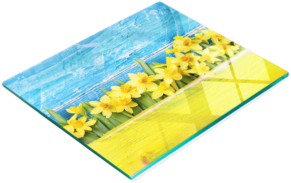 Serveerplank van gehard glas met narcissenmotief, 60x52 cm