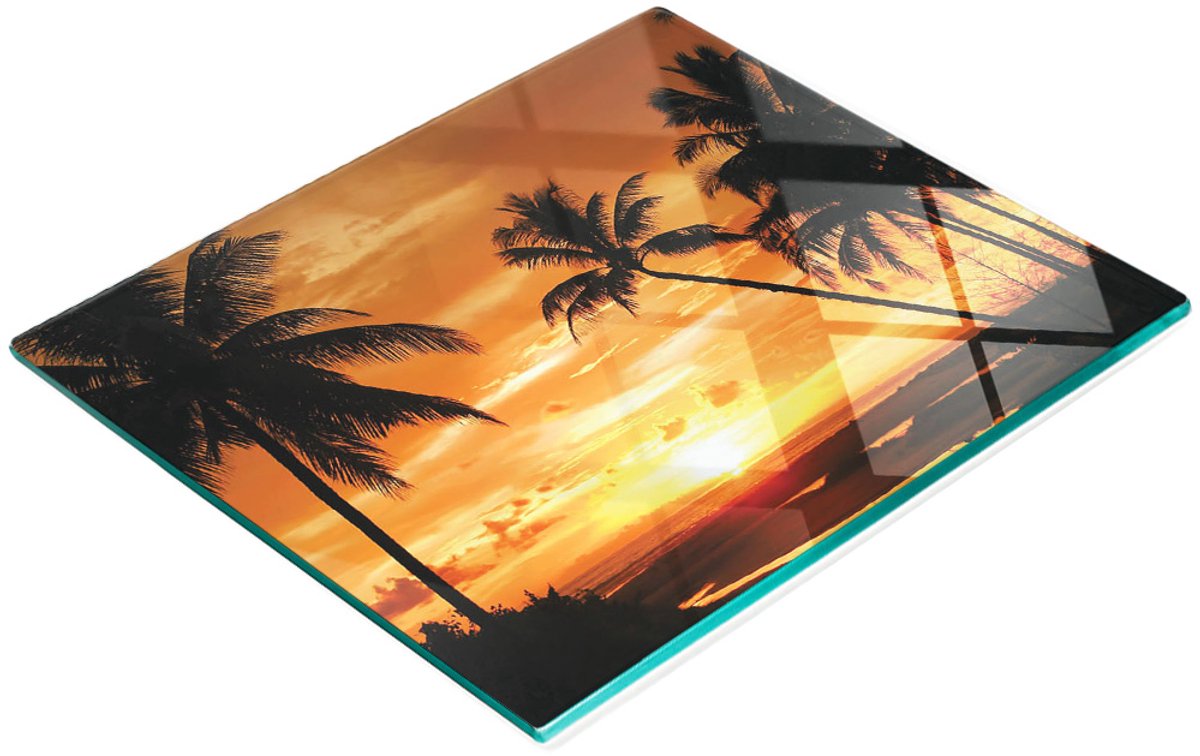 Duurzame en stijlvolle snijplank van gehard glas met palmboommotief, 60x52 cm