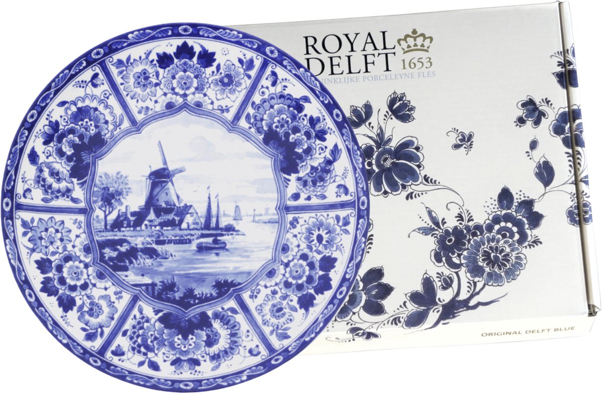 Wandbord - Royal Delft - 28 cm - Delfts blauw - Molen - Geschenkdoos - Relatiegeschenk - Delfts blauw bord