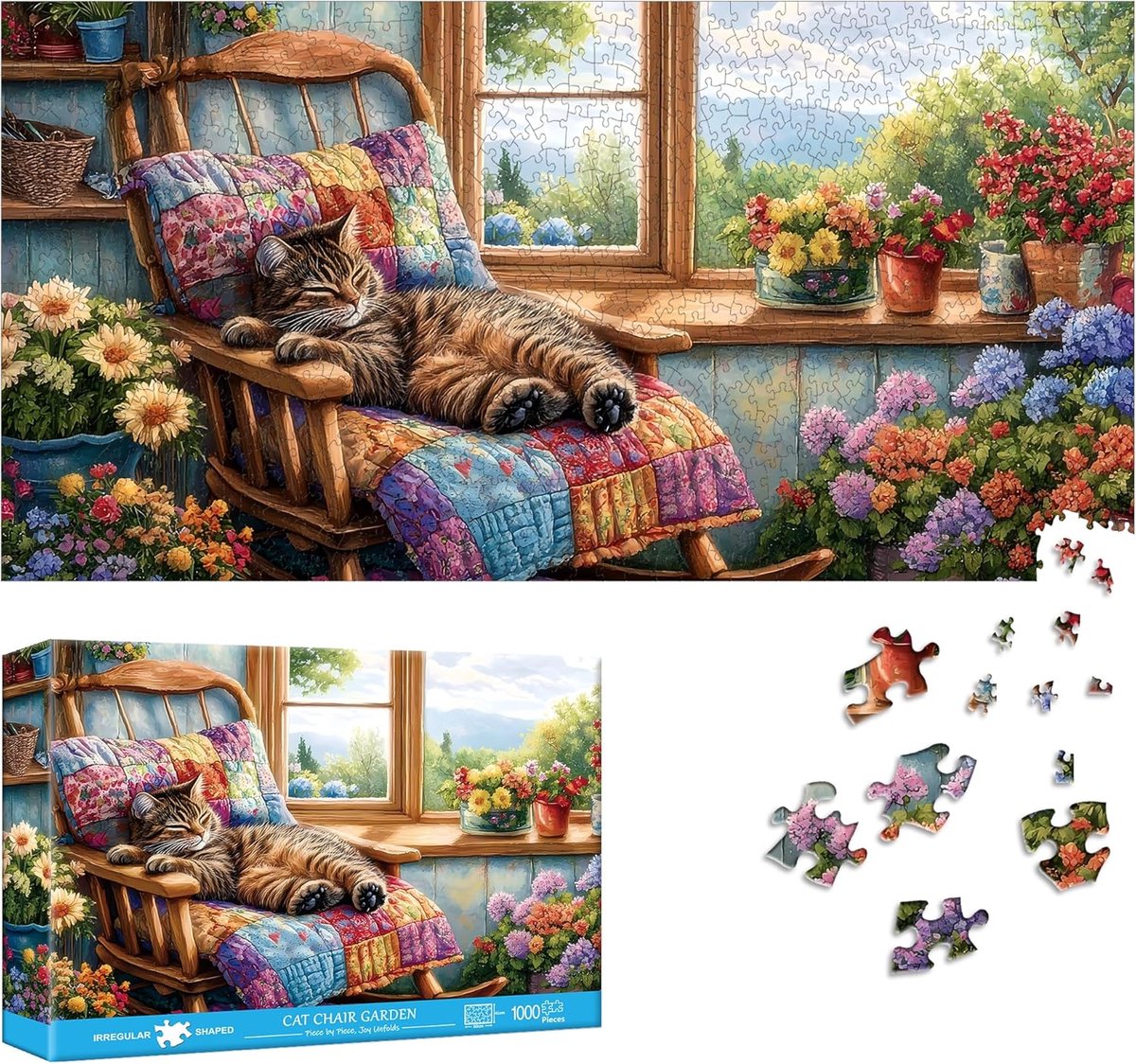 Legpuzzel 1000 stukjes - Uitdagende puzzel - Familie spel - Speciale vorm - 41 x 80 cm - Kat Tuin