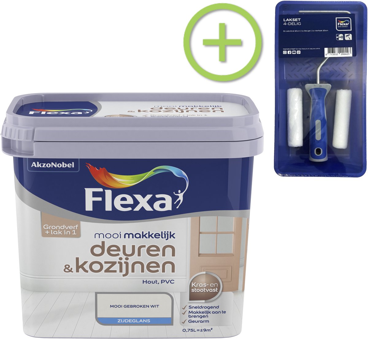 Voordeelpakket Flexa Mooi Makkelijk - Deuren En Kozijnen - Mooi Gebroken Wit - 750 ML + Lakroller - 4 Delig