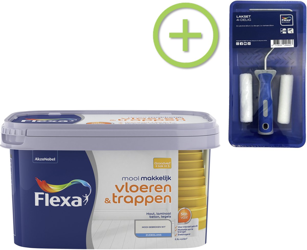 Voordeelpakket Flexa Mooi Makkelijk - Vloeren En Trappen - Mooi Gebroken Wit 2,5 Liter + Lakroller - 4 Delig