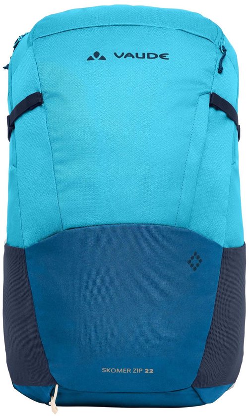 Turquoise VAUDE Skomer Zip 22 rugzak met donkerblauwe en grijze accenten. Tekst 'SKOMER ZIP 22' onderaan.