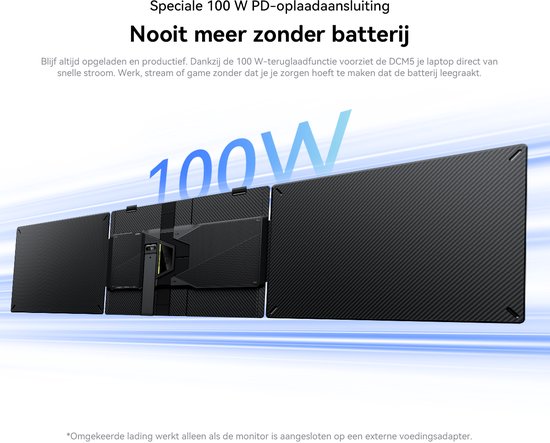 Achterkant van drie Blackview schermen, met de tekst '100W' en carbon fiber textuur.