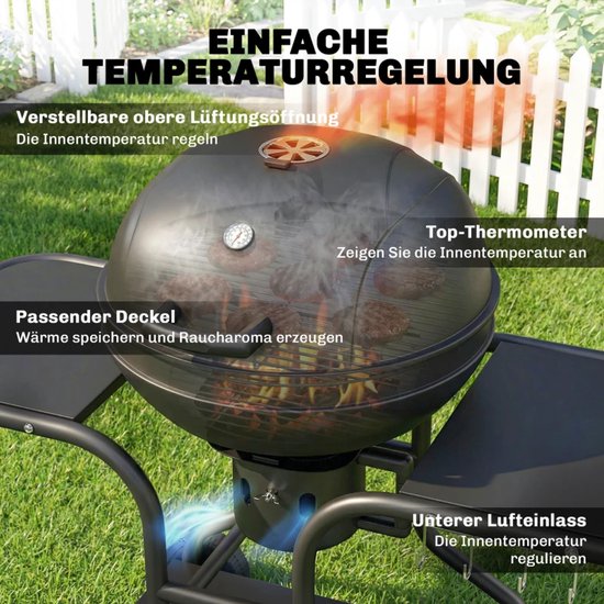 Premie Houtskool Barbecue - Houtskoolgrill met Rookfunctie - Grillrooster - Grilloppervlak Ø54 cm - met Bijzettafels, Deksel, Thermometer en Wielen - BBQ voor Kamperen, Buiten, Tuin - 129 x 63,5 x 106,5 cm - Zwart van Merkloos — afbeelding 3
