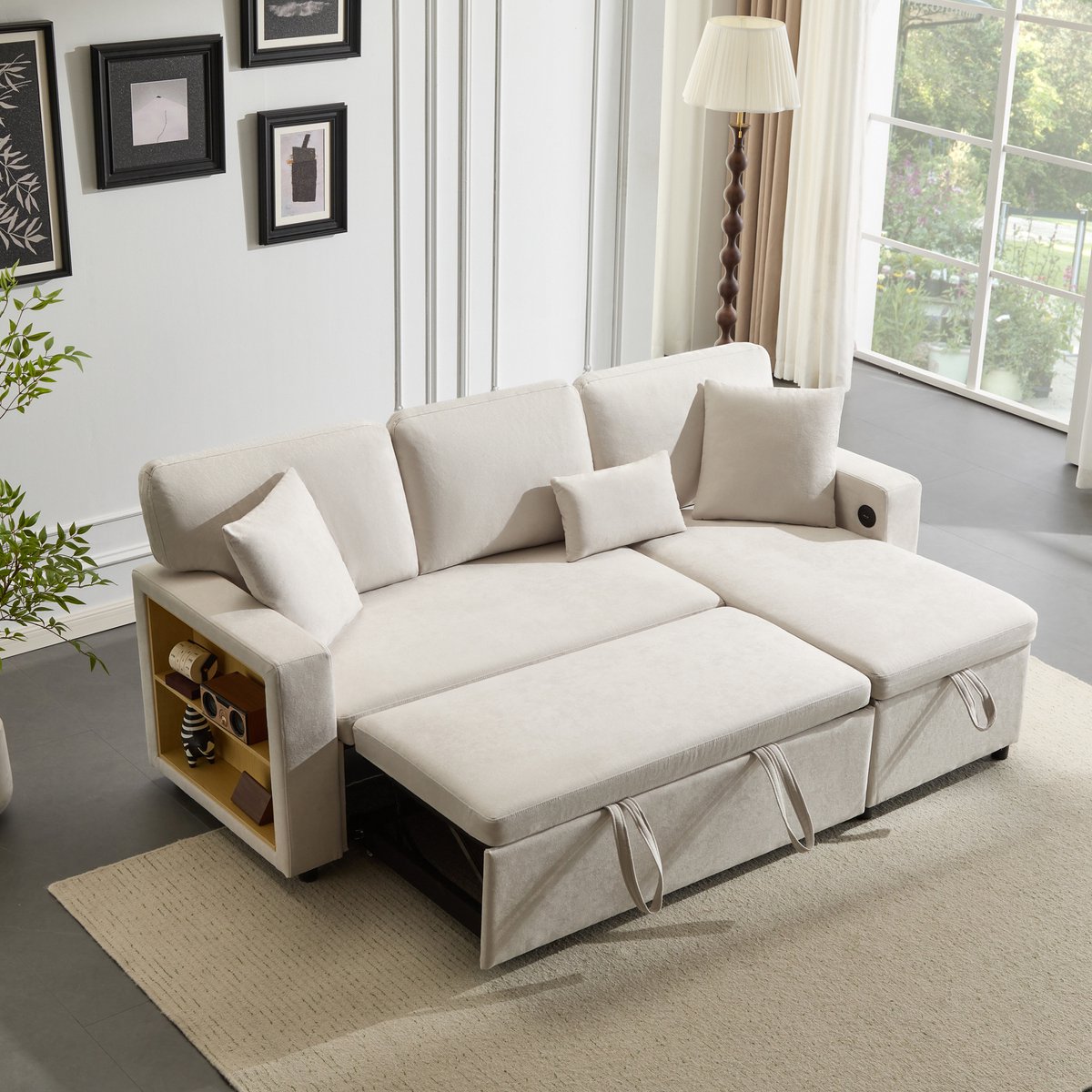 MODFU Hoekslaapbank - Verstelbare Chaise Longue En Opbergruimte - Modern - Voor Woonkamer - Fluweel - Beige - 214 x 131 x 87 cm