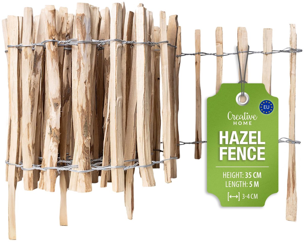 Creative Home houten schutting 35cm hoog en 5m lang | hazelnoot schutting | rolschutting | lamelafstand 3-4 cm | schutting tuin Ideaal als gazonrand bloemperk rand gemaakt van hazelnoot