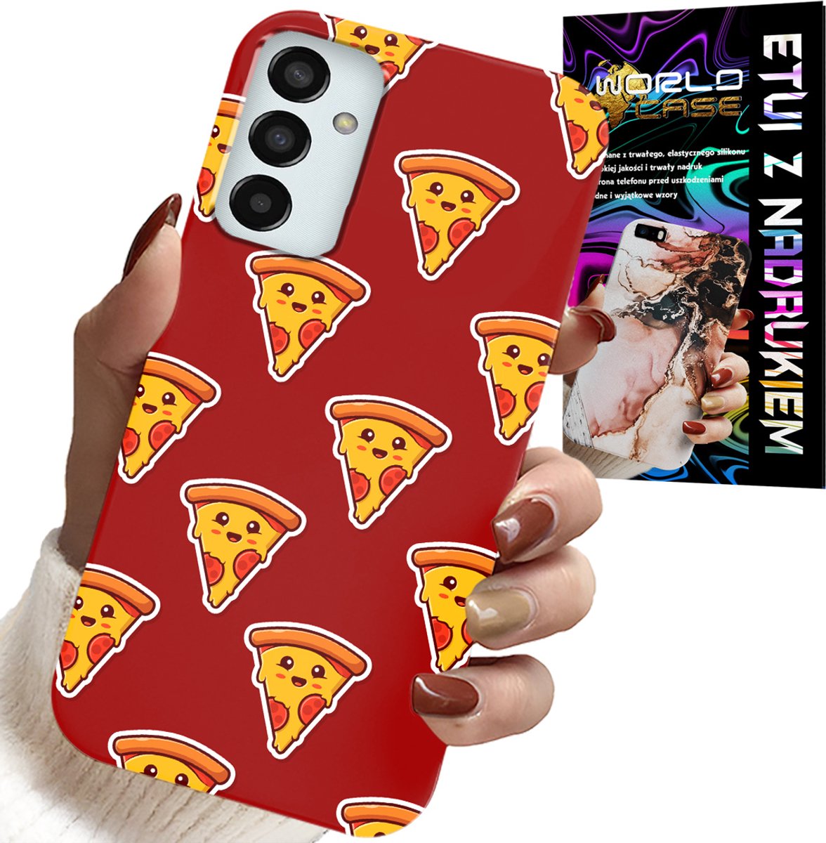 HOESJE VOOR SAMSUNG GALAXY M23 - HAPPY PIZZA PATROON OP EEN RODE ACHTERGROND