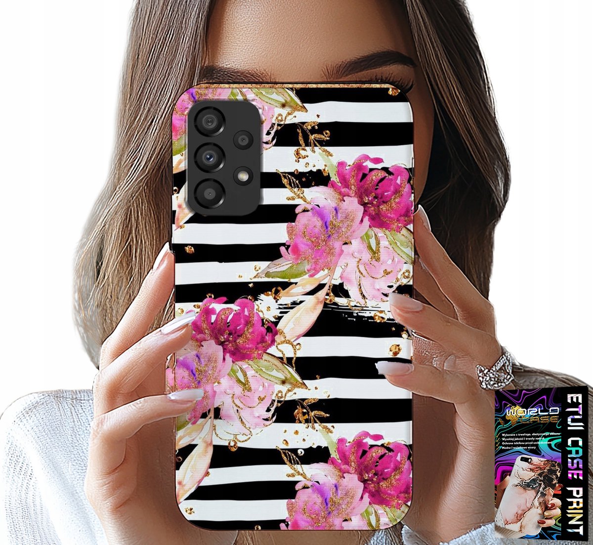 HOESJE VOOR SAMSUNG A52 / A52S - BLOEMENPATROON ZWART-WIT GESTREEPT