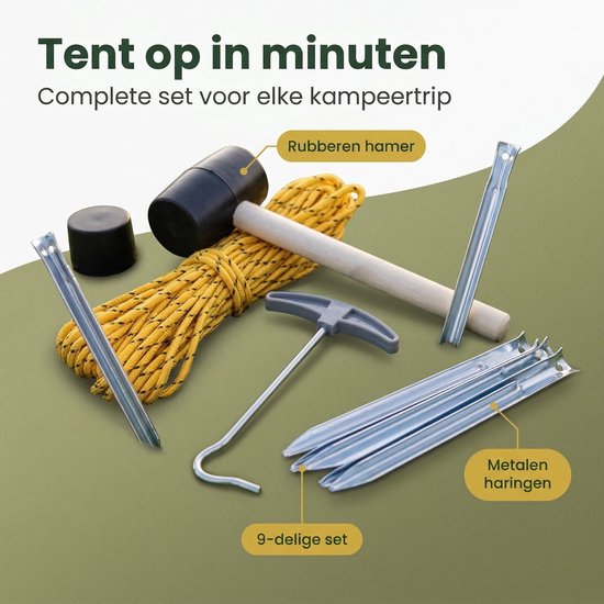 Lomera Campingset 9-Delig - Tentharingen - Hamer met Haringtrekker - Touw - Kampeerartikelen voor Kamperen en Outdoor - Tenthamer - Campinghamer - Tent Accessoires - Kampeerset - Haringen - Camping - Kampeerspullen - Vakantie - Festival — afbeelding 2