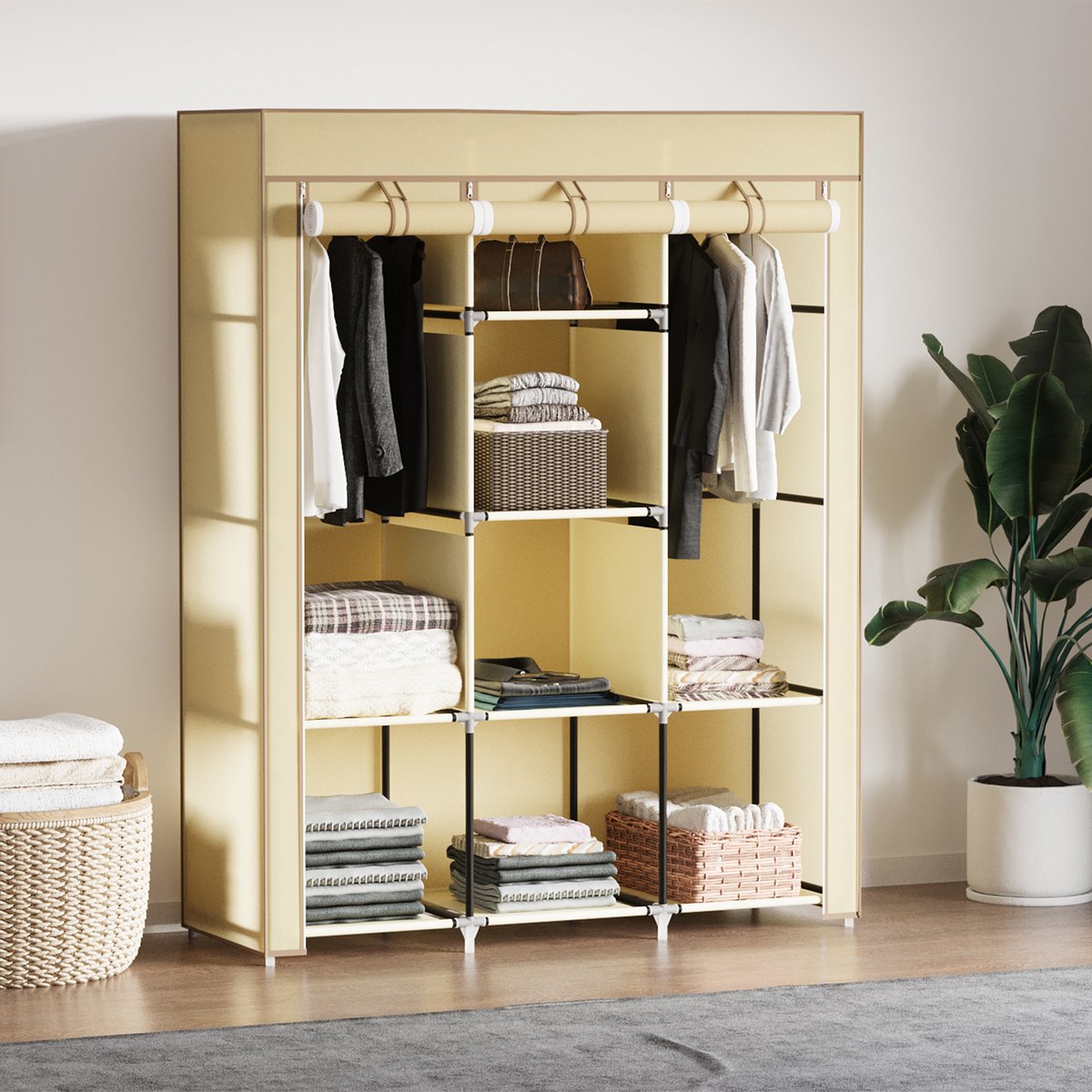 Wishdor Stoffen Kledingkast - 8 Planken En 2 Hangroedes - Compact Opbergen - Met Stalen Frame - Beige - 125 x 43 x 162,5 Cm
