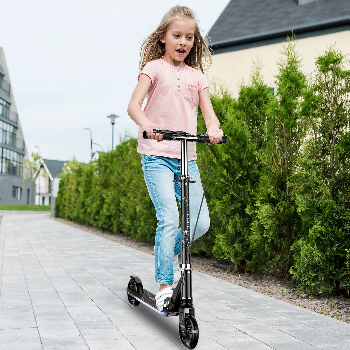 FOXSPORT Kinderstepjes - Kinderstep - Step - Kinderscooter - LED-verlichting in wielen & voetplateau - Draagkracht tot 100 kg - Kick Step - Voor Jongens en Meisjes - Vanaf 3-12 Jaar - Drie instelbare hoogte-opties - Zwart — afbeelding 3