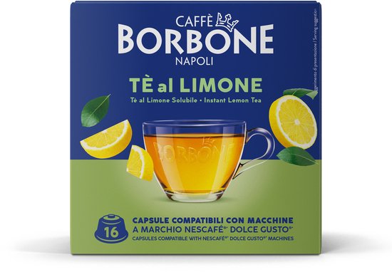 Emballage Caffè Borbone Tè al Limone avec une tasse de thé, du citron et des feuilles.