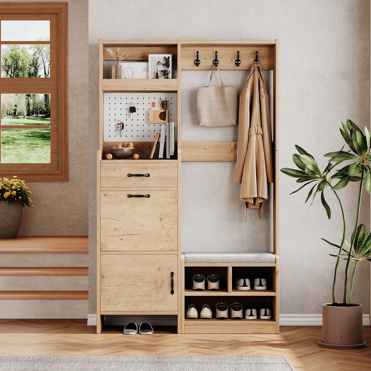 REDOM - Garderobeset - Met Schoenenbank En Opbergvakken - Voor Hal - Spaanplaat - Naturel-Wit - 108,5 x 35 x 180 cm
