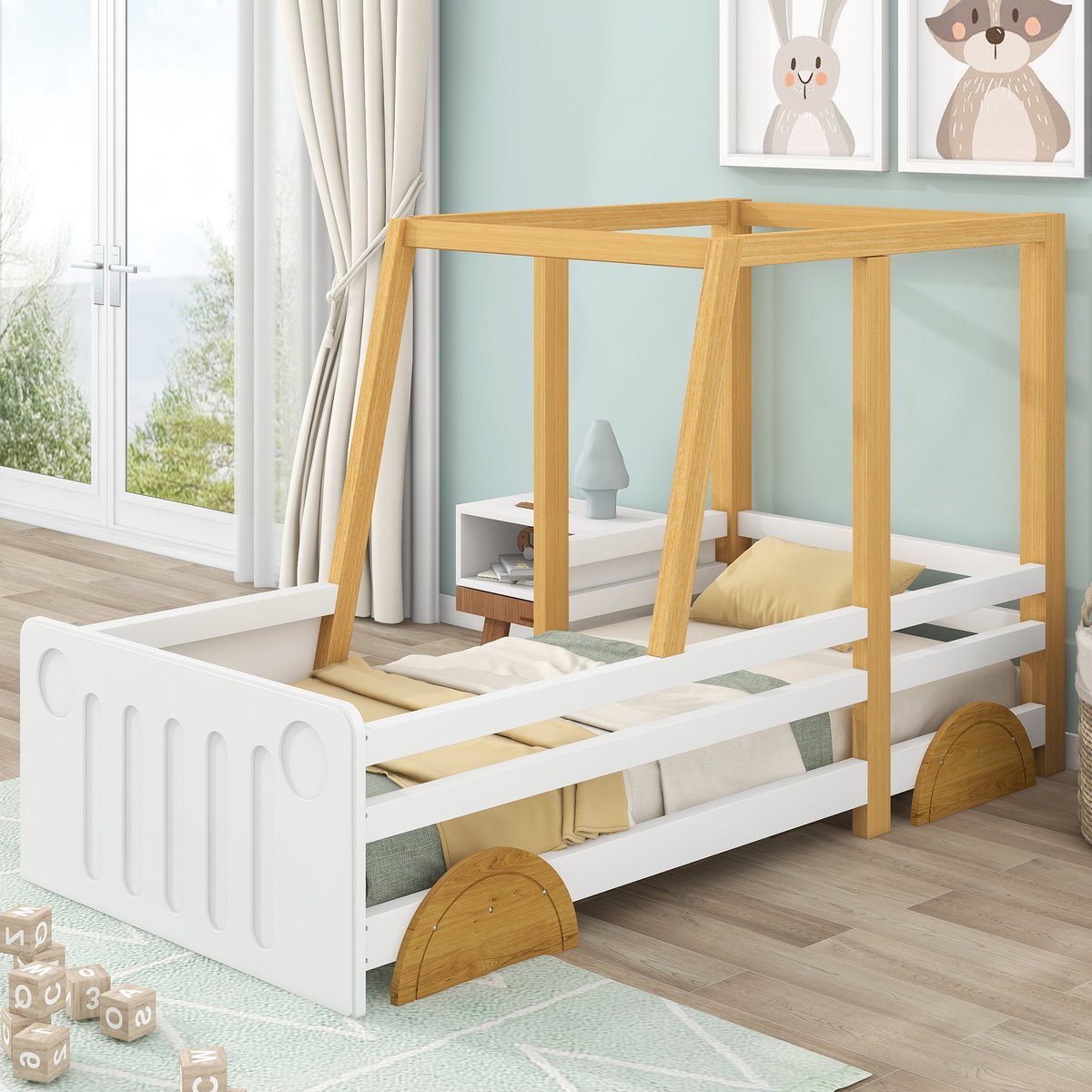 MODENUIT Kinderbed 90x200 cm – Autovorm met vierzijdige beschermrand – Massief Grenen en MDF – Zonder matras – Wit