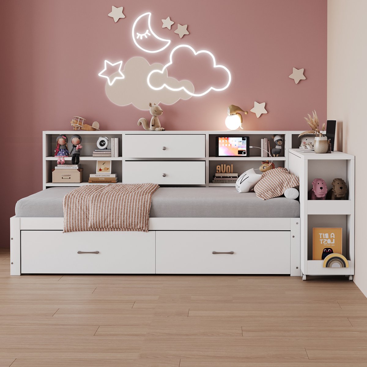 MODENUIT Eenpersoonsbed 90x200 cm – Uitschuifbaar Bureau en Usb-Aansluitingen – Opbergruimte en 2 Lades – Zonder matras – Hout – Wit