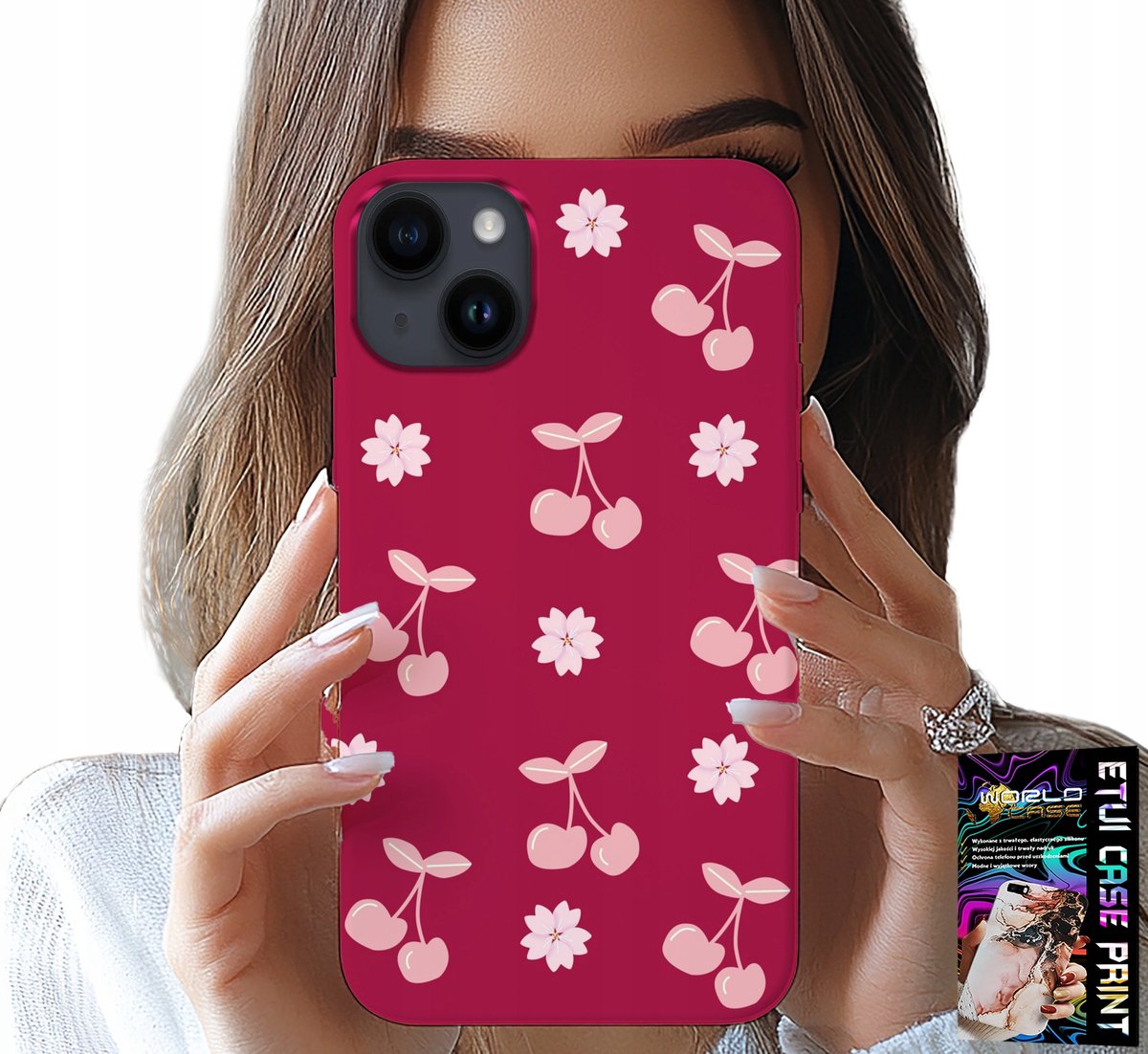 HOESJE VOOR IPHONE 15 PLUS - KERSEN, KERSEN OP EEN BORDEAUXROOD ACHTERGROND + FILM