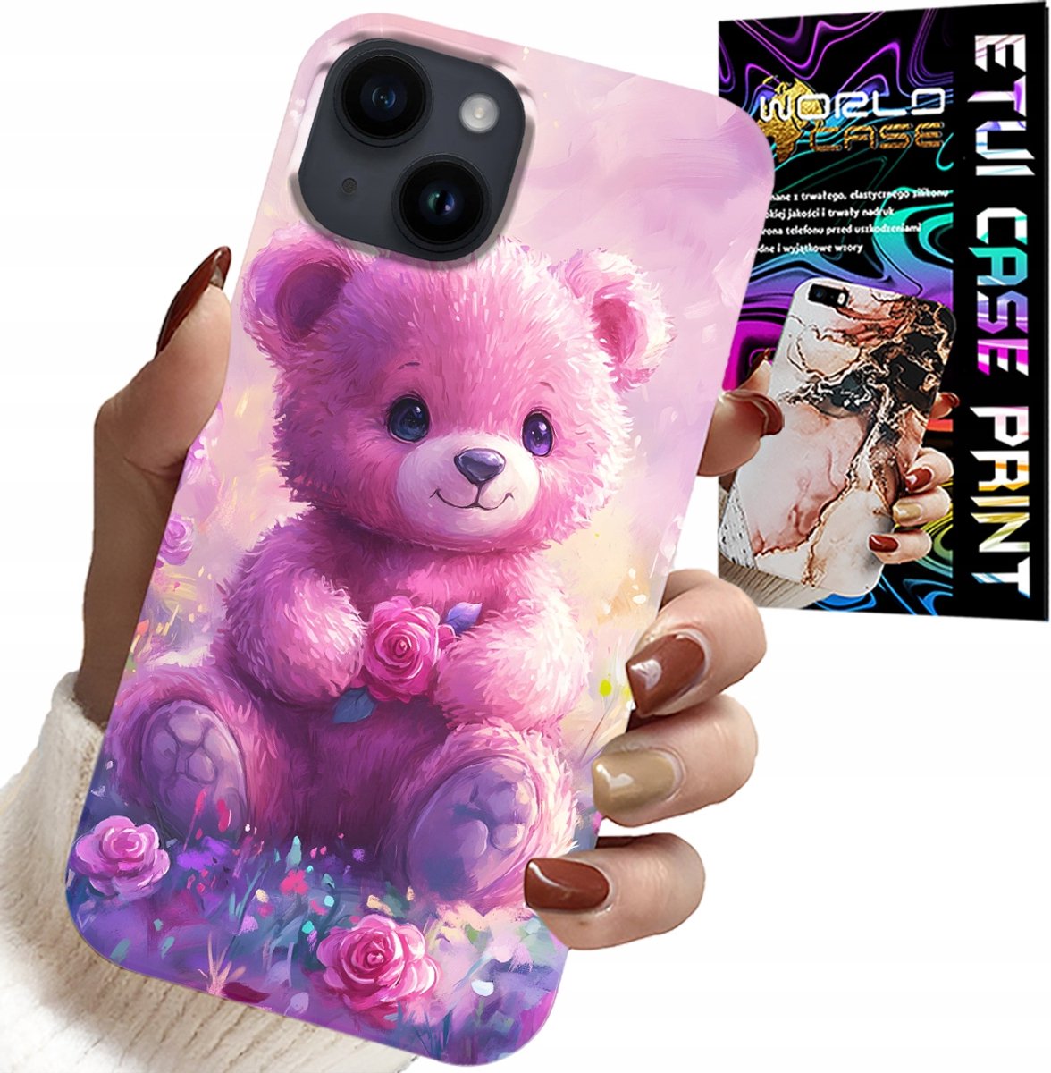 Hoesje voor iPhone 15 Plus - schattige teddybeer op roze achtergrond, hoesje + glas