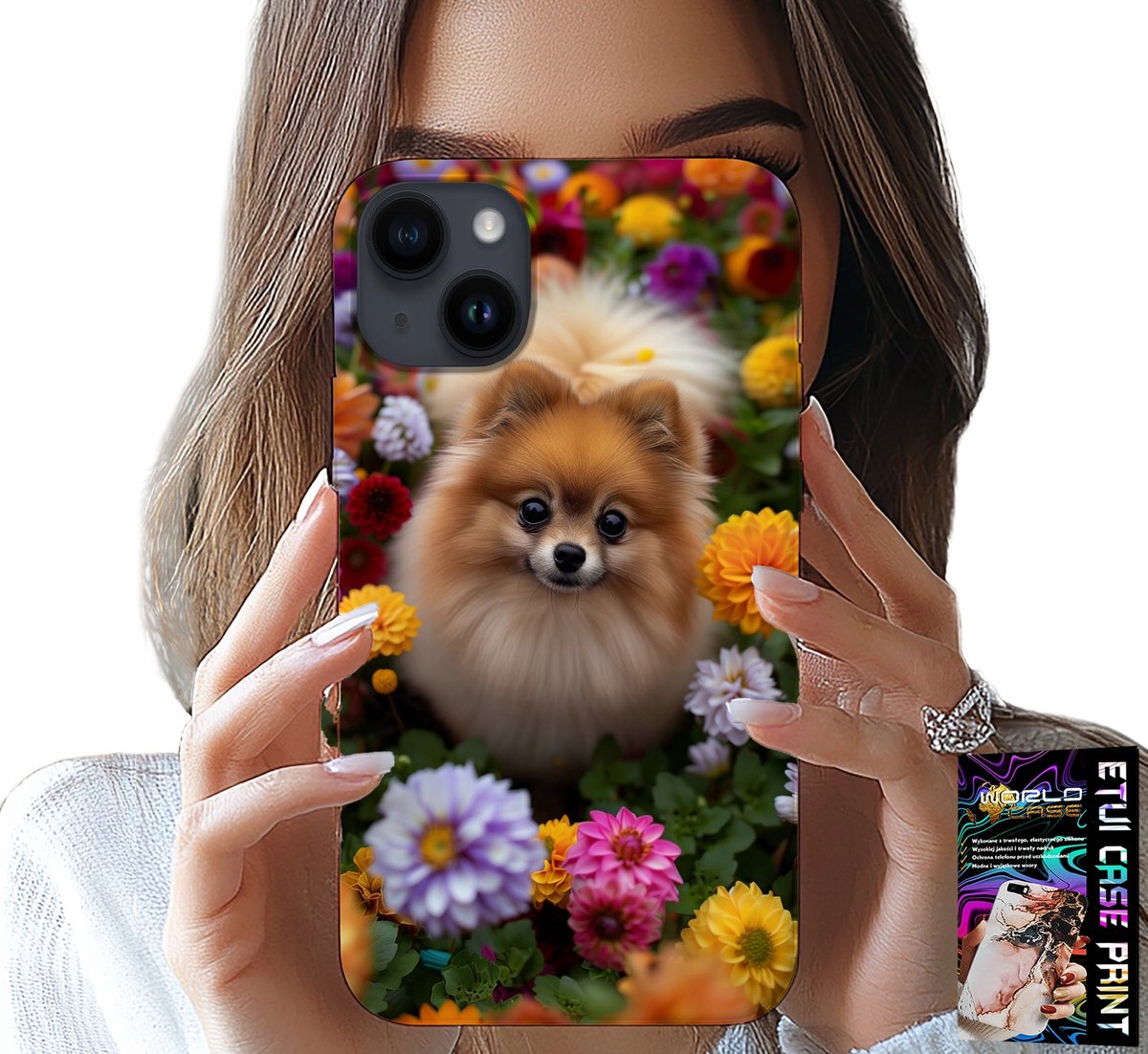 iPhone 15 hoesje - schattig hondje, Pomeriaan hoesje + glas