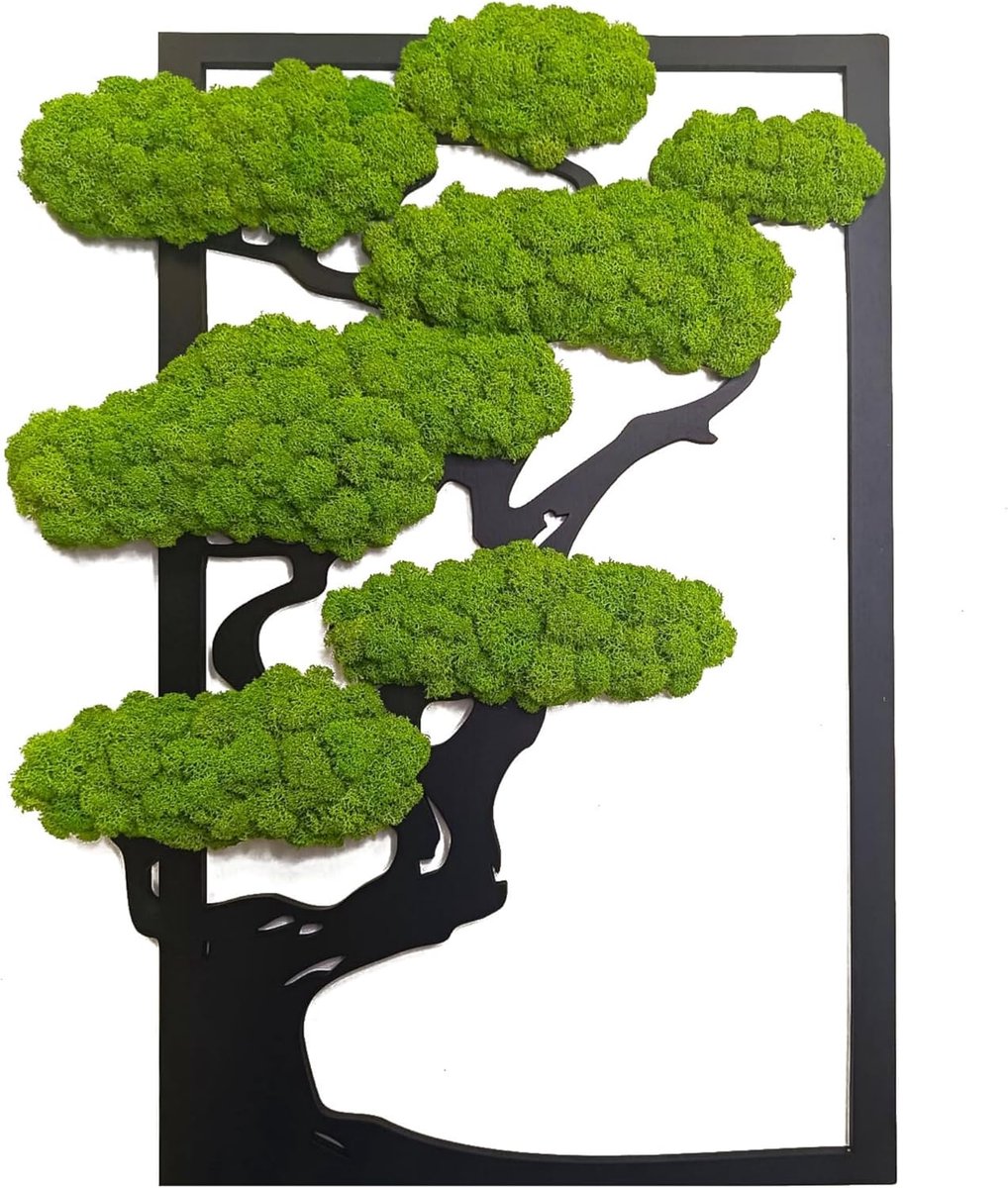 Mosmuur Decoratie - Levensboom Kunst - Woonkamer Decoratie - Natuurlijke Grondstoffen - 50x31cm - Lichtgroen