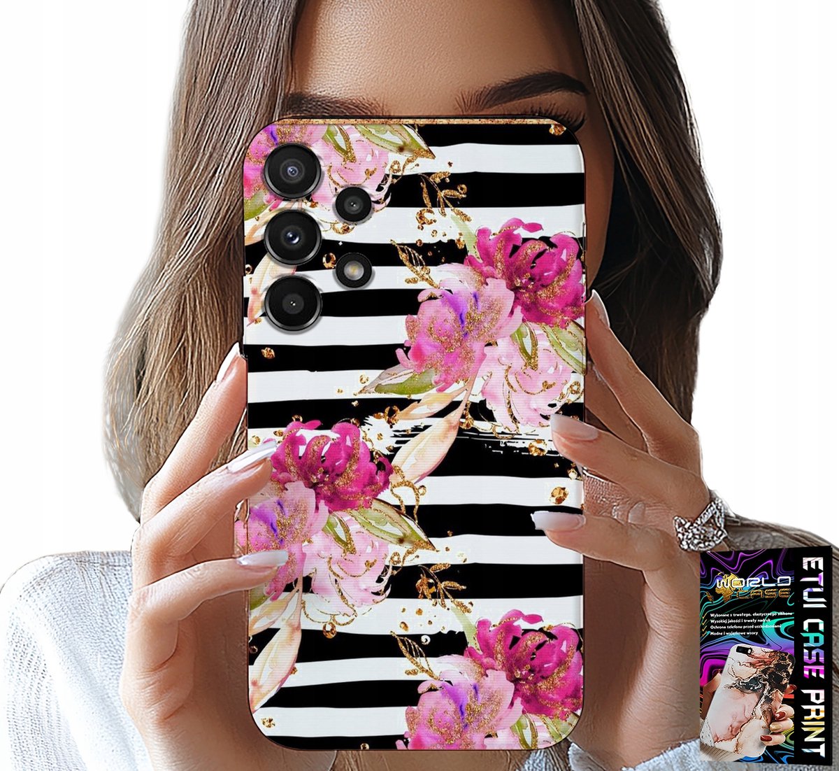 HOESJE VOOR SAMSUNG GALAXY A13 4G - ZWART-WIT GESTREEPT BLOEMENPATROON